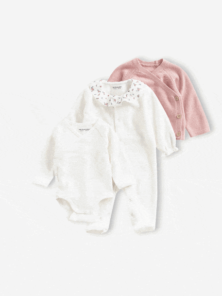3-Piece Set for Newborns: Plain Knit Cardigan + Sleepsuit + Bodysuit rose - vertbaudet enfant 