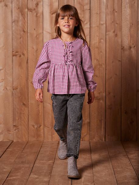 Mom Fit Jeans with Heart-Shaped Pockets on the Back, for Girls denim grey+grey+stone - vertbaudet enfant 
