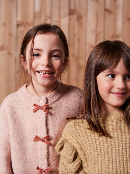 Girl's fancy cardigan with velvet bow anthracite+rosy - vertbaudet enfant 