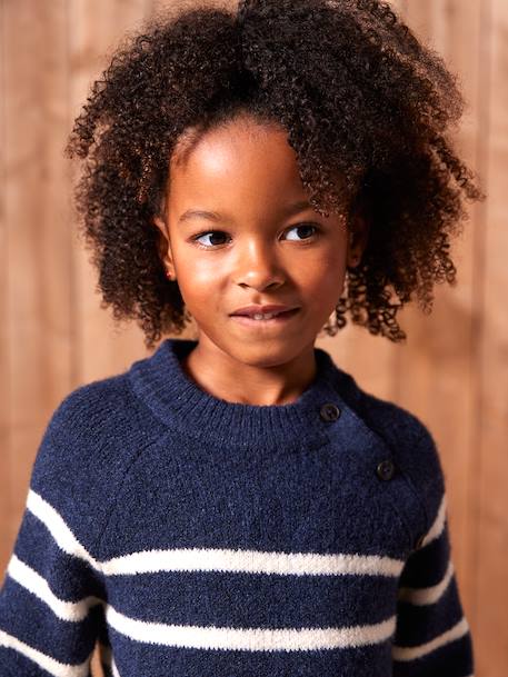 Knitted Striped Dress for Girls ecru+navy blue - vertbaudet enfant 