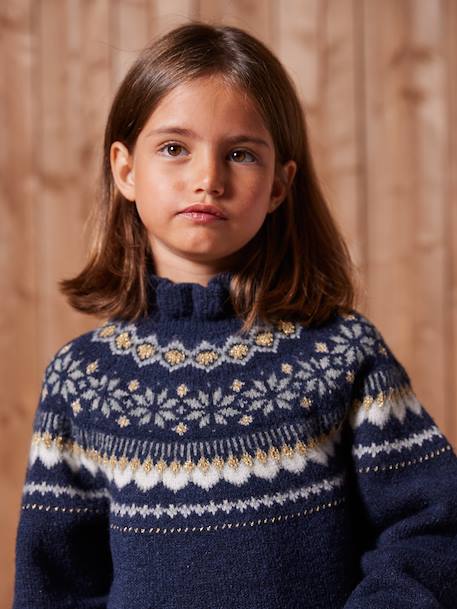 Knitted Jacquard Dress for Girls ecru+navy blue - vertbaudet enfant 