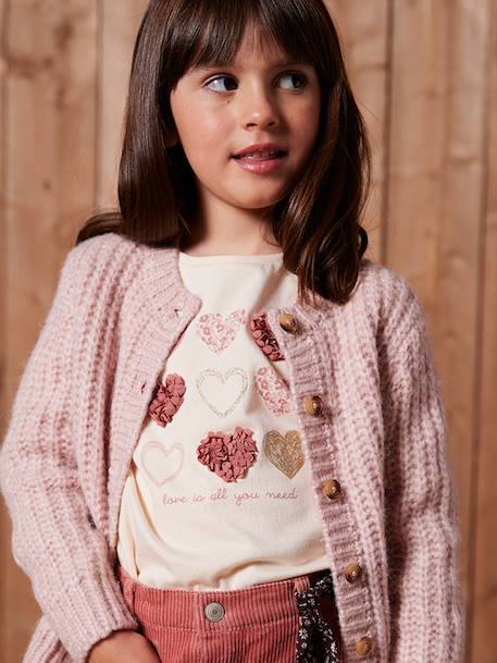 Long Sleeve T-Shirt with Heart in Relief, for Girls blush+ecru - vertbaudet enfant 