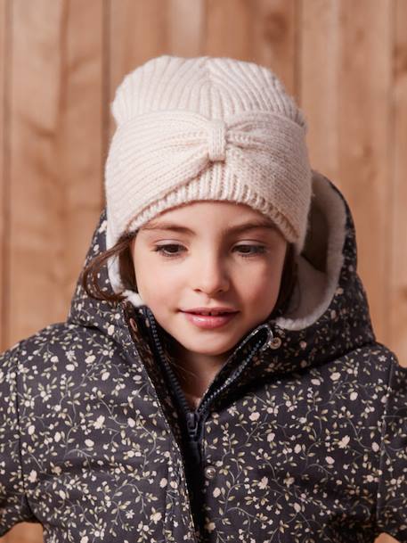 Rib Knit Beanie with Fancy Bow, for Girls cinnamon+marl beige+old rose - vertbaudet enfant 