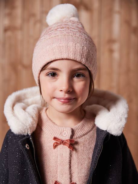 Girl's jacquard set: beanie + snood + mittens/gloves ecru+rose - vertbaudet enfant 