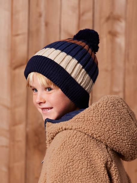 Ensemble tricolore garçon bonnet + snood + moufles/gants bleu nuit - vertbaudet enfant 
