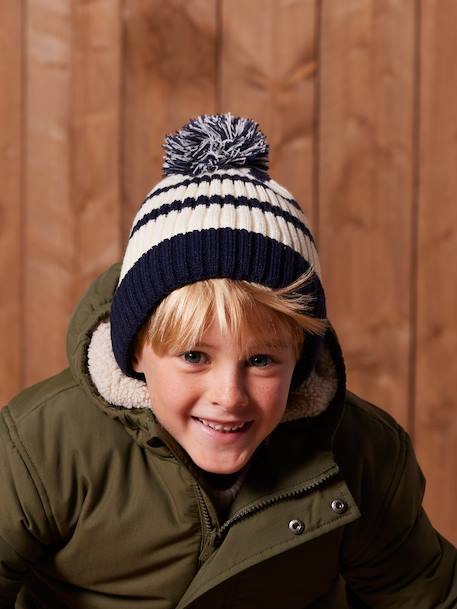 Striped set for boys: beanie + snood + mittens/gloves ecru - vertbaudet enfant 
