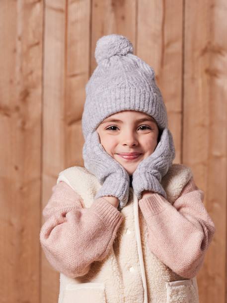Beanie + Snood + Mittens Set in Shimmering Cable-Knit marl grey+PINK MEDIUM SOLID - vertbaudet enfant 