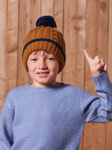 Boy's twisted set: beanie + snood + mittens/gloves ochre - vertbaudet enfant 