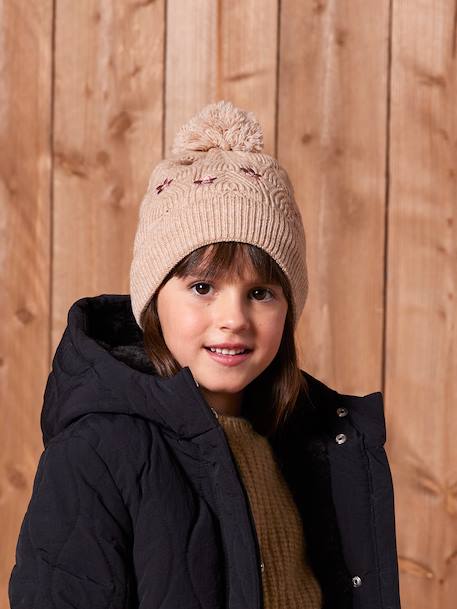 Embroidered set for girls: beanie + snood + open knit mittens/gloves golden beige - vertbaudet enfant 