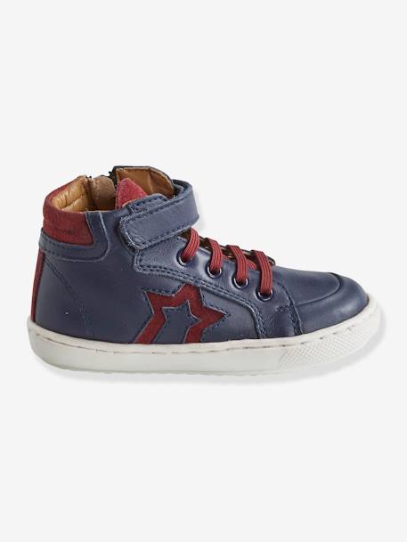Leather High Top Trainers, for Boys BLUE DARK SOLID WITH DESIGN - vertbaudet enfant 