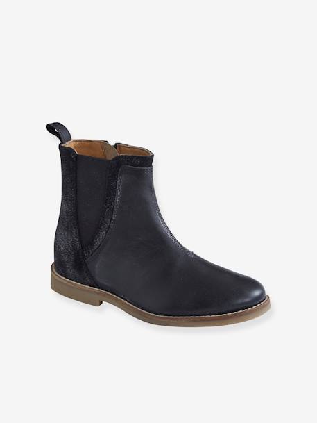 Dual Fabric Leather Boots, for Girls Black - vertbaudet enfant 