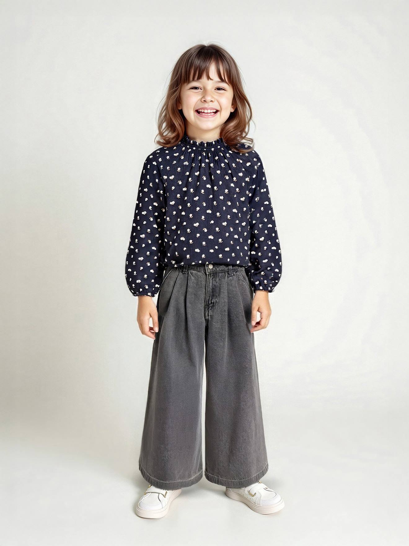 Jean Baggy Fille Avec Motif Cœur Brodé - Taille Haute élastique, Coupe Loose Fit, Pour 5 à 14 Ans