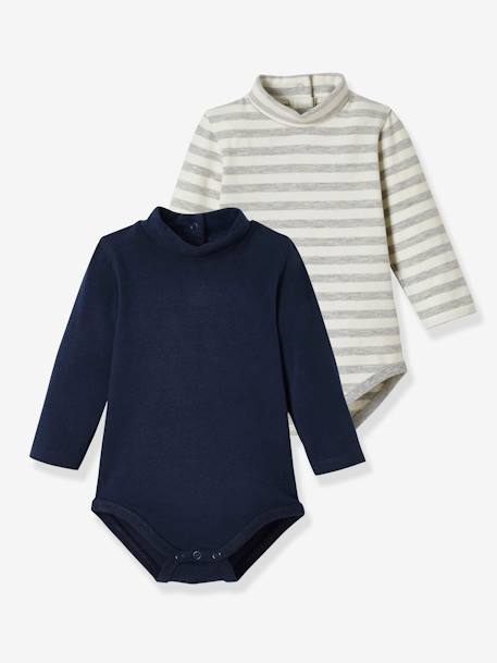 Pack of 2 Bodysuits for Babies, High Neck, Long Sleeves Dark Blue+Mustard - vertbaudet enfant 